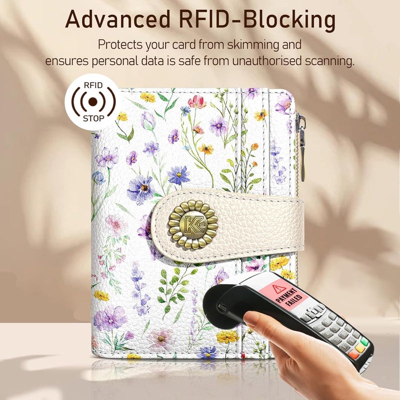 Kelvoris Flowers Floral Small Rfid Women Wallet Bifold Zipper Coin Pocket PU Leather Compact Cash Credit Card Holder Travel Wallet for Female Ladies Teen Girls 1 ID Window 10 Card Slots - Image 3